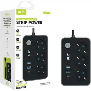 Akım Korumalı Priz, 3x Priz Soketi, 2x Usb Girişi, 1x Type-C Girişi, Tasarruflu Uzatma Kablosu, Çocuk Korumalı Adaptör (2 Metre)