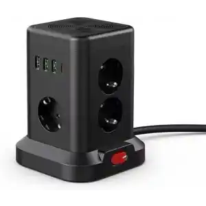 SMAYLİNG Kule Tipi Çoklu Priz - 3 USB-A + 1 Type-C Çıkışlı, Akım Korumalı, Tek Tuş Kontrollü Masaüstü Priz