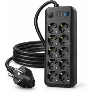 Babilden 2 Metre Termal Akım Korumalı 10lu Priz Çoklayıcı, 2 USB 2 Type-C Girişli 16A 4000W Onlu Dönüştürücü Uzatma Kablosu 10 Adet Anahtarlı Giriş Masaüstü Duvar Çoklu Prizi