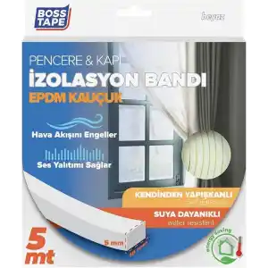 Boss Tape EPDM Kauçuk Pencere Kapi Izolasyon Bandi, 5mm X 15mm X 5mt Boyut, Beyaz