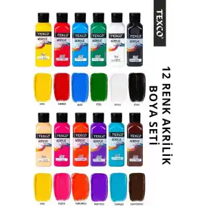 Rich Texco Akrilik Boya Seti, 12 Renk x 130 ml, Su Bazlı