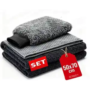 WONKEY - Mikrofiber Oto Yıkama Temizleme Seti | Araç Kurulama Havlusu + Otomobil Cam Bezi + Araba Yıkama Eldiveni Paketi, Profesyonel Araç Bakım Seti (3lü Set)