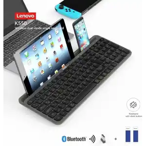 Lenovo K550 Dual-Mode Kablosuz Klavye - Bluetooth + 2.4GHz, Entegre Tablet ve Telefon Standlı, Sessiz Tuşlar, Q Türkçe, Siyah