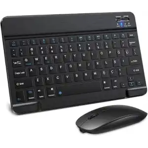 Bluetooth Kablosuz Şarjlı Türkçe Q Klavye Alüminyum Alışım Mini Pilli Mouse Süper Hafif Taşınabillir Bluetooth Eşleştirmeli Midi Klavye 25cm x 15cm