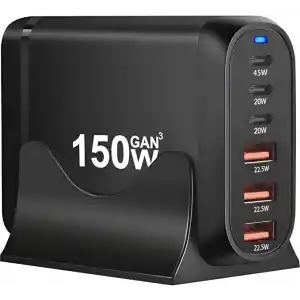 Jouis Çoklu Şarj İstasyonu GaN 150W - 6 Portlu Masaüstü Hızlı Şarj Cihazı (4x Type-C 100W/20W, 2x USB-A 18W) MacBook, Laptop, iPhone 15/14, iPad ve Android Uyumlu Akıllı Şarj Adaptörü