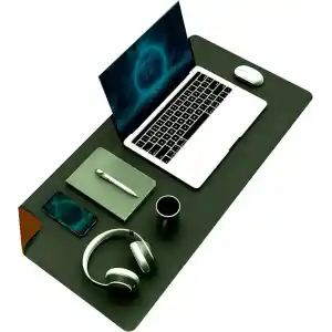 Klasse Çift Renk Dikişli PU Deri Masa Matı 80x40 Cm Mousepad, Su Geçirmez Masa Sümeni, Çift Taraflı Kullanım, Dizüstü Bilgisayar/Ofis/Ev için, Kaymaz Taban (Koyu Yeşil Ve Taba)