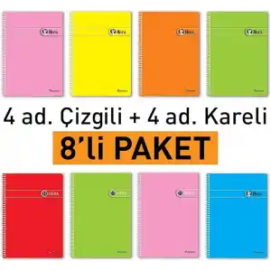 Etika A4 Okul Defteri Spiralli 144 Sayfa Dayanıklı PP Kapak 8li Paket