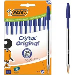 BIC Cristal Orijinal Tükenmez Kalem, Orta Uçlu (1,00 mm), Altıgen Şaft ve Uygun Kapaklı - Mavi, Her Biri 10 Adet Karton Kutu