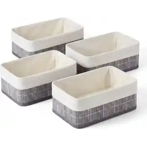 Deconox Bambu Detaylı Çok Amaçlı Saklama Kutusu – 25x15x8 cm Dekoratif Kumaş Organizer | Mutfak, Banyo, Dolap İçi ve Raf Düzenleyici | Çekmece İçi Derin Organizer Kutu Gri (4 ADET)