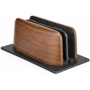 McStorey Ahşap Dikey Laptop Standı, Çift Yuvalı 2 Cihazlık MacBook ve Notebook Tutucu, Masaüstü Organizer, Kaymaz Tabanlı Ahşap Metal Bilgisayar Standı Kahverengi