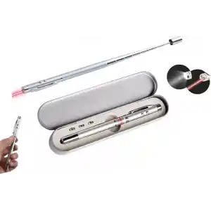 Metal Kutulu Kırmızı Lazerli, Led Işıklı Mıknatıslı Pointer Kalemi İşaretçi Uzayabilen Sunum Çubuğu Teleskopik Metal Tükenmez Kalem (PRS-1521G)