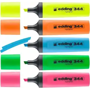 Edding 344 fosforlu kalem seti - sarı, turuncu, mavi, pembe, yeşil - 5 fosforlu kalem - 2-5 mm kesik uç