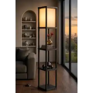 Dekoratif Raflı Lambader Siyah, 135 cm Modern Sehpalı Lambader, E27 Duy Uyumlu, 23x23 cm Raflı Salon Yatak Odası Ofis Aydınlatma