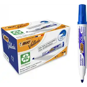 BIC Velleda 1701 Eco Yuvarlak Uçlu Beyaz Tahta Kalemi, Mavi, 12li Kutu, Kolay Silinebilen Mürekkep, Sabit Yuvarlak Uç