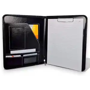 Coverzone Premium Suni Deri Sekreterlik – Mandallı Evrak Tutucu, Tablet Bölmeli Organizer, Çok Gözlü Evrak Dosyası (Hesap Makinesiz Model), Fermuarlı (32.5 × 25 cm), Siyah