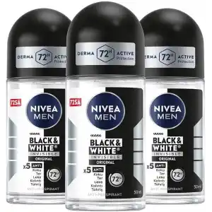 NIVEA MEN Erkek Roll-on Deodorant Black&White Invisible Original 50ml, 72 Saat Anti-perspirant, X3 AdetSet P09753