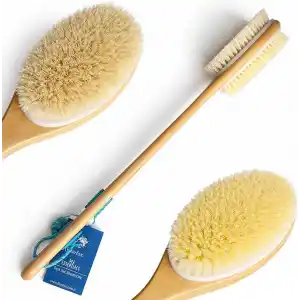 Bluefox Sırt ve Vücut Temizleme Fırçası - 2 Taraflı Sert & Yumuşak Lifli, Bambu Uzun Saplı (43cm), Ölü Deri ve Gözenek Temizleyici, Pürüzsüz ve Canlı Cilt İçin İdeal