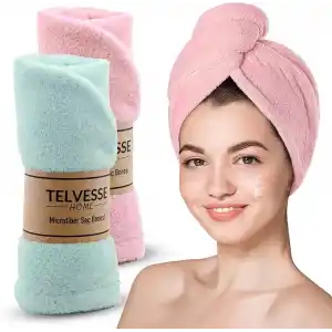 TELVESSE Mikrofiber Saç Havlusu Süper Emici Hızlı Kuruyan Türban Saç Havlusu Şapkası – Uzun Kıvırcık Kalın Saçlar İçin Duş Saç Kurutma Havlusu, Plaj Havuz Banyo Kullanım (2li Pembe + Turkuaz)