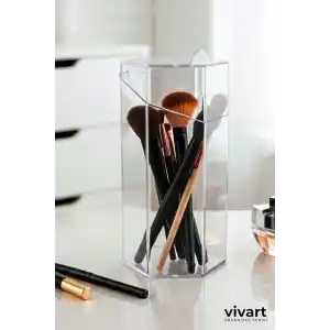 Vivart Büyük Boy Özel Tasarım Altıgen Izla Kapaklı Kalem Makyaj Fırçası Düzenleyici Seffaf Tek Ebat