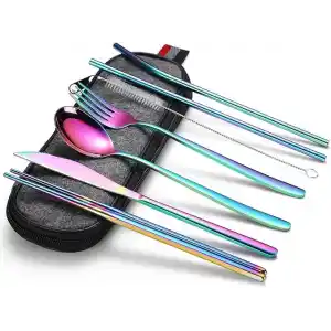 Valkyrie 8 Parça Çantalı Yolculuk Çatal Bıçak Kaşık Pipet Chopstick Seti Kamp Okul Ofis Tatil Paslanmaz Çelik Renkli