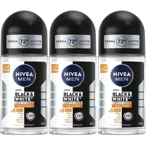 NIVEA MEN Erkek Roll on Deodorant Black&White Invisible Güçlü Etki 50ml x3 Adet, Ter ve Ter Kokusuna Karşı 48 Saat Anti-perspirant Koruma, İz Bırakmayan Formül