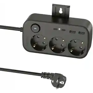 SMAYLİNG 3lü Priz + 4 USB (2 Type-C + 2 USB-A) Çoklayıcı | Duvara Monte Edilebilir, Aç/Kapa Anahtarı, Akım & Kısa Devre Koruma, Yüksek Güç