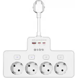 S-link PRZ08 Beyaz 4 Soketli 15cm 1 USB 2 Type-C PD20W Tam Bakır Kablolu Akım Korumalı Priz