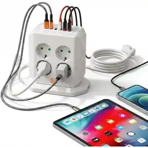 Hasuba Dik Priz Kulesi Vertical Smart Power Socket - Akım Korumalı, 2500W Çoklu Priz Çoklayıcı, 8 EU Priz Girişi ve 4 USB ve 2 Type-C Portlu, 2M Kablo, Aşırı Yük Korumalı Grup Priz 332