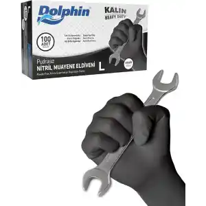 Dolphin Siyah Nitril Eldiven Pudrasız Kalın 100lü Paket L