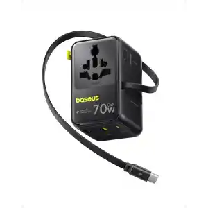 Baseus Enercore Evrensel Priz Adaptörü 70W Geri Çekilebilir Kablolu, 2 AC Prizi + 2USB-A + 1USB-C ile Uluslararası Seyahat Şarj Cihazı, ABD, İngiltere, Çin, Japonya, Tayland ile Uyumlu
