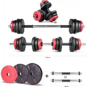 Ecgspor 22 KG Multifonksiyonel Kırmızı Siyah Halter Seti ve Dambıl Seti