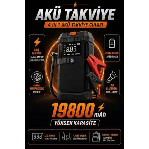 LS-99 Akü Takviye ve Hava Kompresörü 3750A Tepe Akımı, 150 PSI Lastik Şişirme, 19800mAh Powerbank, LCD Ekranlı Jump Starter, LED El Feneri, 12V Araçlar için Çok Fonksiyonlu Akü Destek Cihazı