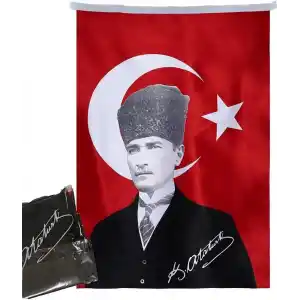 Asilmeydan Türk Bayrağı Kalpaklı Atatürk Fotoğraflı Türkiye Bayrağı 70x105 cm