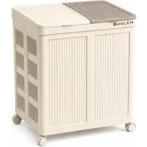 Mega Boy Havalandırmalı Çamaşır Sepeti - 100 Litre Oyuncak Kutusu - Tekerlekli - Çift Bölmeli 2x50 LT - 49.5x36x61 cm - PP+ TPR (Bej)