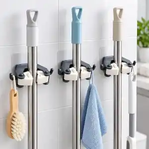 3 Adet Yapışkanlı Mop ve Süpürge Tutucu – Duvara Monte Fırça ve Paspas Askısı – Delmeden Güçlü Tutuş Duvar Organizer