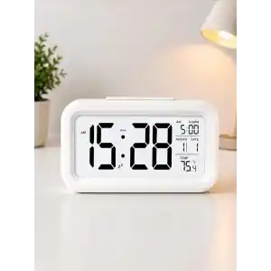 MR Dijital Masa Saati Büyük LED Ekranlı | Alarm Özellikli | Tarih ve Sıcaklık Göstergeli | Gece Işığı | 12/24 Saat Siyah/Beyaz (Beyaz)