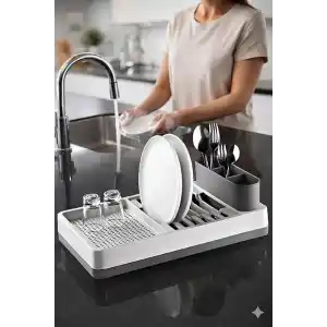 AQUA Pratik Tezgah Üstü Bulaşıklık Tabaklık Kurutmalık - Dayanıklı Plastik Çok Bölmeli Mutfak Düzenleyici Organizer, Kaşıklıklı Geniş Bölmeli Bulaşık Kurutma Rafı, 42x26x6 cm (GRİ)