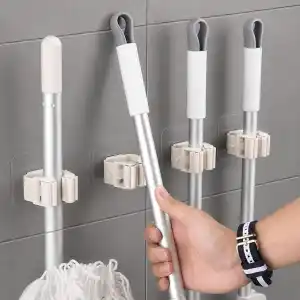 Yapışkanlı Mop ve Süpürge Tutucu, Duvar Askısı | 4lü Set