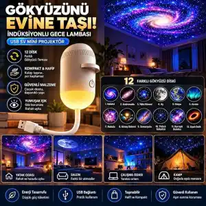 12 Diskli Galaksi Projektörü USB 5V Mini Gece Lambası, Yıldız ve Gökyüzü Projeksiyon Işığı
