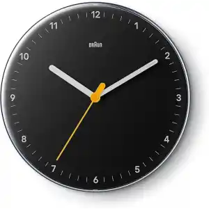 Braun Klasik analog duvar saati sessiz kuvars mekanizması, iyi okunabilir, 23 cm çap, siyah model, BC26B.