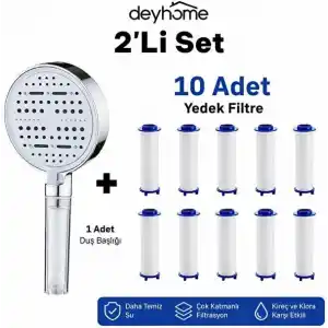 6 Fonksiyonlu Filtreli Duş Başlığı – Basınç Artırıcı Çok Modlu Duş Sistemi + 10 Adet Yedek Filtre | Kireç Önleyici Su Tasarruflu Duş Başlığı Seti (Beyaz)