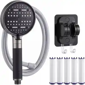 MallArt® 6 Modlu Filtreli Duş Başlığı Seti - 6 Adet Yedek Filtreli Ve Yapışkanlı Duş Braketli Yüksek Basınçlı Arıtmalı Banyo Duş Ahizesi Seti