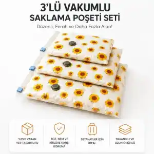 3lü Vakumlu Hurç Saklama Seti Şeffaf Ön Yüzlü Yorgan Battaniye Kıyafet Düzenleme ve Depolama Poşeti