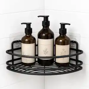 Alper Banyo Yapışkanlı Siyah Köşe Banyo Rafı, Tekli Köşe Şampuanlık, Delmeden Montajlı Banyo Düzenleyici Raf, Siyah Statik Boyalı