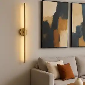 Netzy Modern Kablosuz Pilli LED Aplik, Eskitme Gold 70 cm, Gün Işığı, 1 Adet 9V Pil Dahil, Montajsız Dekoratif Duvar Lambası