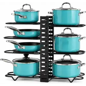 Orret Home Çift Taraflı Kullanılabilir Ayarlanabilir Tencere Tava Organizeri, Kapak Organizeri ve Dolap İçi Düzenleyici, Tezgah Üstü Metal Siyah Mutfak Rafı, Yatay ve Dikey Kurulum, 41 x 20 x 27 cm