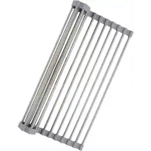 MallArt® Katlanabilir Evye Üstü Bulaşık Kurutmalık Süzgeç 47x29 cm - Paslanmaz Çelik & Isıya Dayanıklı Silikon Rulo Bulaşık Rafı, Meyve Sebze Yıkama Süzgeci, Gri