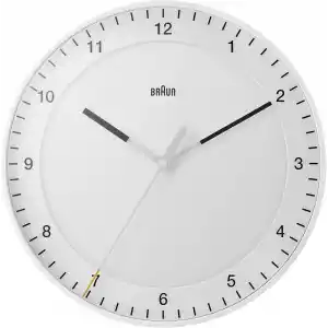 Braun Klasik büyük analog duvar saati sessiz saat mekanizması, kolay okunan kadran, 30 cm çap, beyaz model BC17W.