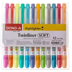 DONG-A Twinliner çift taraflı fosforlu kalem, ince ve geniş uçlar, 12 renk seti
