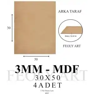 3 mm 30x50 MDF Plaka (4 ADET) - Hobi, Maket, Ahşap El Sanatları İçin Uygun (4`lü Paket)
